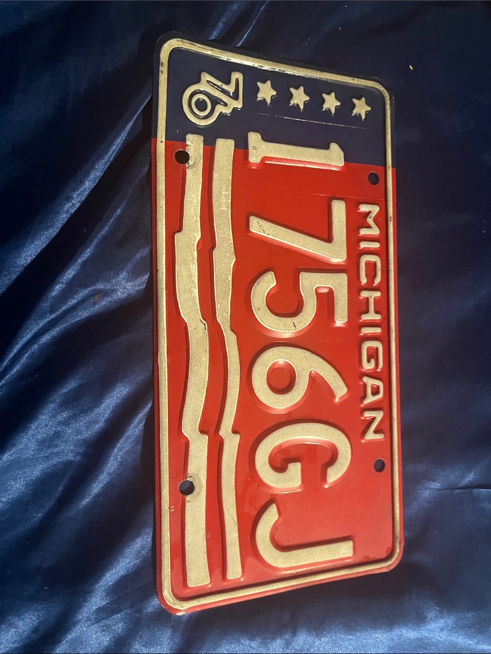 Vintage Michigan License Plate Sign - Red and Gold